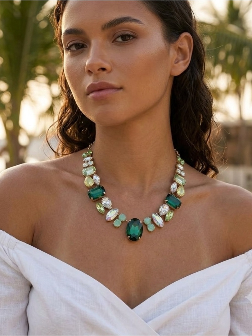 Emerald Green Crystal Statement Necklace Mixed Cut Collage Collar Go